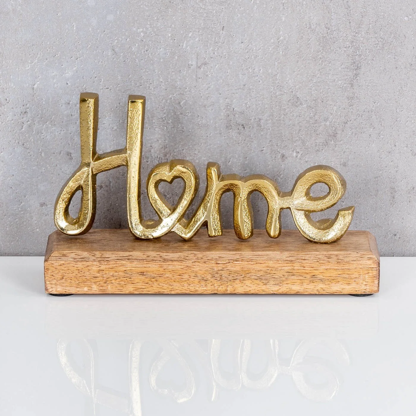 Deko-Schriftzug „Home“ – Metall & Mangoholz, Gold/Natur